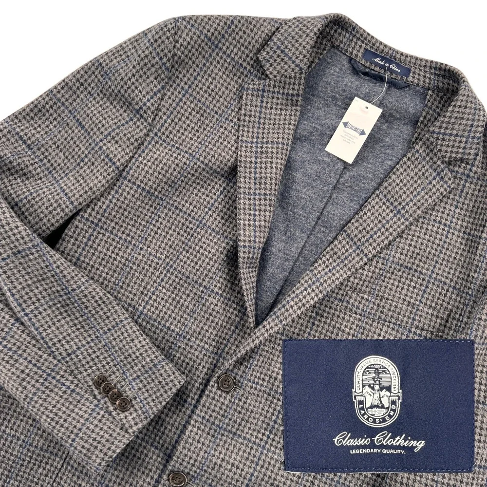Lands End Houndstooth Windowpane Blazer Sport Coat Men 44S Gray Wool Blend NWT